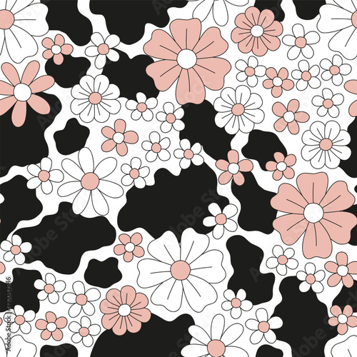 Retro groovy pastel pink and white daisy flowers on cow spots vector seamless pattern. Farm animal aesthetic floral background.
