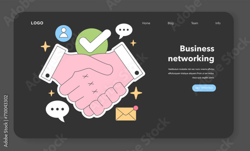 Business agreement concept. Handshake with approval checkmark, user icon, communication bubbles, and email. Trust and partnership establishment. Flat vector illustration