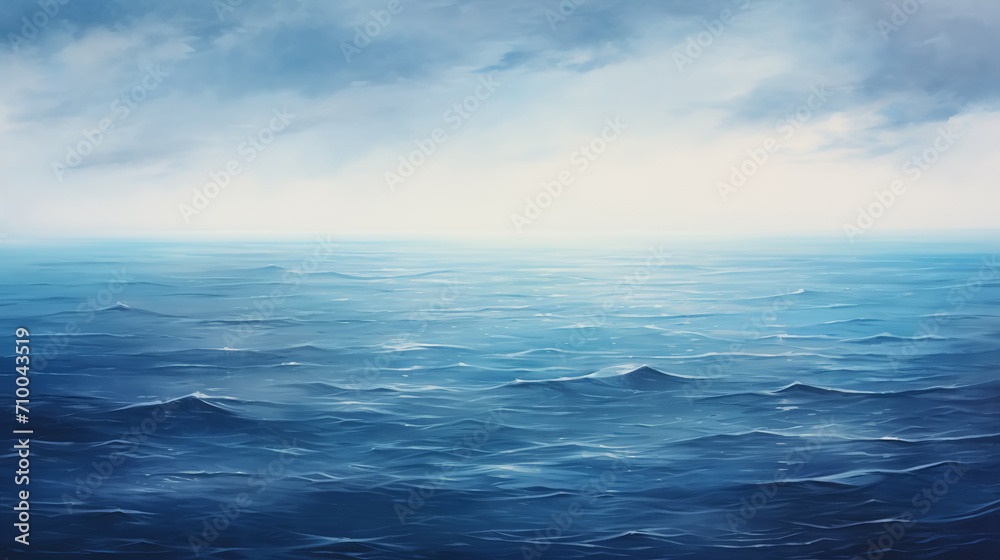 Fototapeta Misty blue ocean and cloudy sky. Abstract background with waves and clouds. Seascape with texture of water and soft glow on the surface of the sea. Digital illustration.