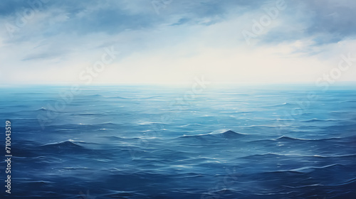 Misty blue ocean and cloudy sky. Abstract background with waves and clouds. Seascape with texture of water and soft glow on the surface of the sea. Digital illustration.