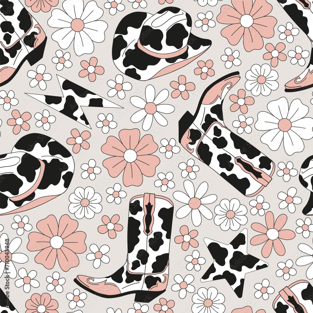 Howdy wild west cowboy accessories cow spots ornated hat boot vector seamless pattern. Groovy floral farm animal aesthetic pastel colours background.