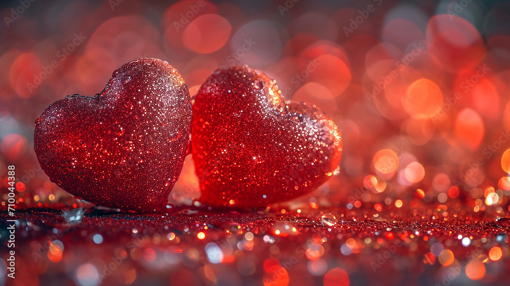 Valentines day Background of two red heart shape love made with glowing glitter bokeh image Valentines day Background of two red heart shape love made with glowing glitter bokeh image