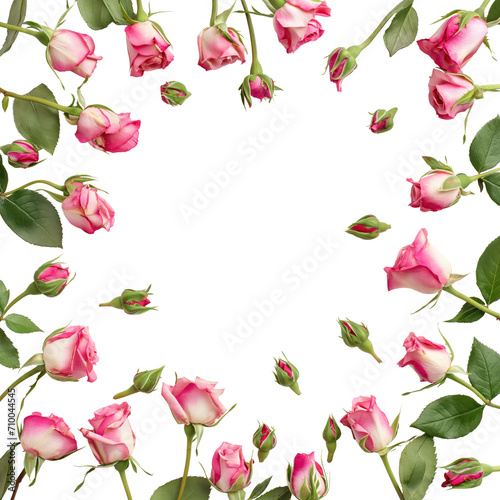 Pink rose frame in the shape of circle. Blank template element for postcard design or photo frame