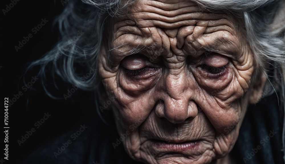 Portrait of sad very old woman , close-up senior woman , portrait of sad senior woman , wrinkles on the face