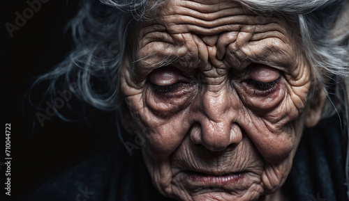 Portrait of sad very old woman   close-up senior woman   portrait of sad senior woman   wrinkles on the face