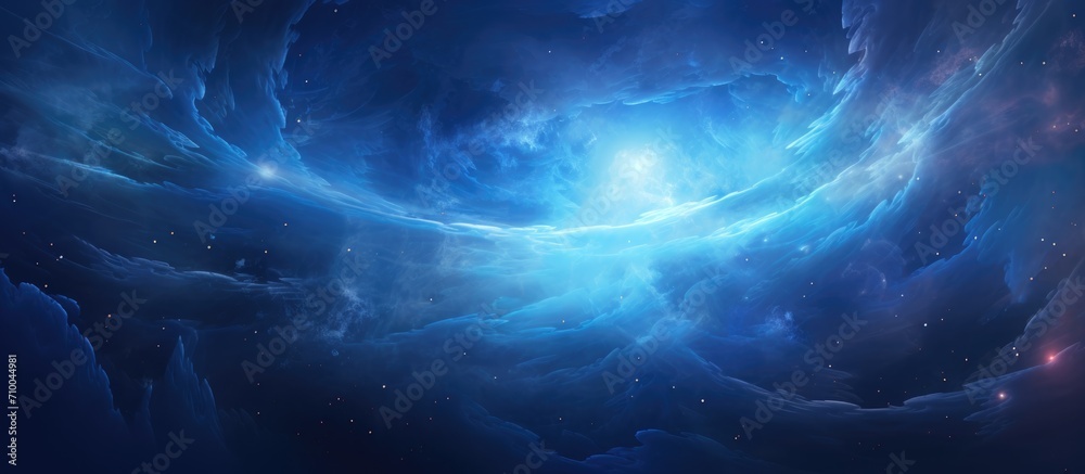 Cosmic vortex of fluid matter with a futuristic, ethereal blue glow in deep space, great for backgrounds and covers.