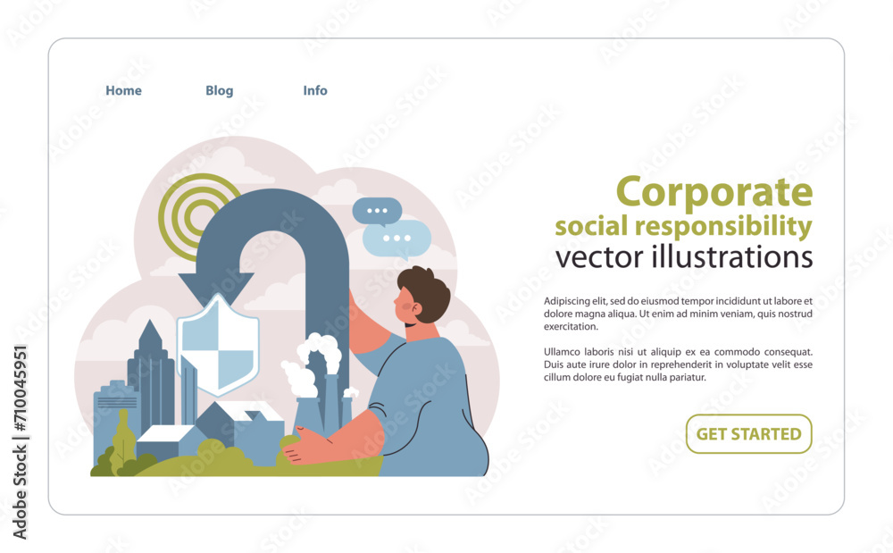 CSR commitment web or landing. A figure upholds environmental integrity amidst urban development. Emphasizing corporate accountability in sustainability. Flat vector illustration.