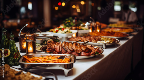 Un buffet de mariage somptueusement dressé, avec une variété de plats chauds et froids disposés sur une longue table. photo