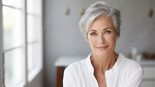 Beautiful mature woman in her 50s with short gray hair and perfect skin in a modern bathroom photo
