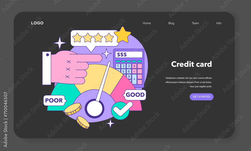Credit card web banner or landing page night or dark mode. Bank-offered financing of purchases. Individual and business credit card. Credit arrangements and rating. Flat vector illustration