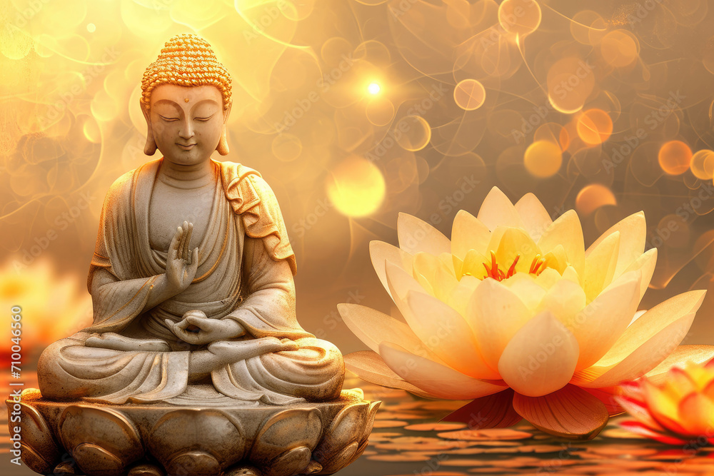 Buddha statue with a lotus flower on an abstract beautiful decorative shining background, Asia faith spirit and culture.