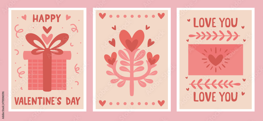 Set of Valentine's Day Greeting Cards with Gift Box, Flowers, Love Message. Romantic illustrations for Print, Poster, Banner, Holiday Invitations Set of Valentine's Day Greeting Cards with Gift Box, Flowers, Love Message. Romantic illustrations for Print, Poster, Banner, Holiday Invitations