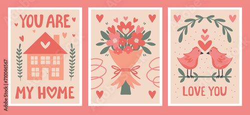 Set of Valentine's Day Greeting Cards with Birds in Love, Sweet Home and Flowers Bouquet. Romantic illustrations for Print, Poster, Banner, Holiday Invitations