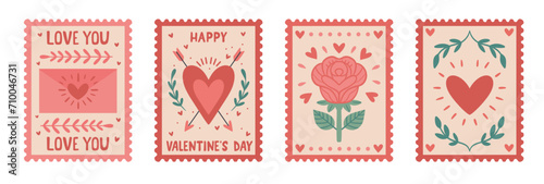 Valentine's Day Postal Stamp Set: Vector Collection of Love Themed Stickers. Isolated Romantic elements with Heart and Arrow, Messages, and Rose for Journal Stickers, Scrapbooking, and Greeting Cards