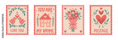 Valentine's Day Postal Stamp Set: Vector Collection of Love Themed Stickers. Isolated Romantic elements with Sweet Home, Birds, and Bouquet for Journal Stickers, Scrapbooking, and Greeting Cards