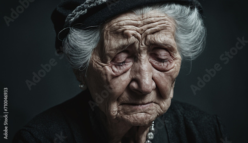 Portrait of sad very old woman grandmother , close-up senior woman , portrait of sad senior woman