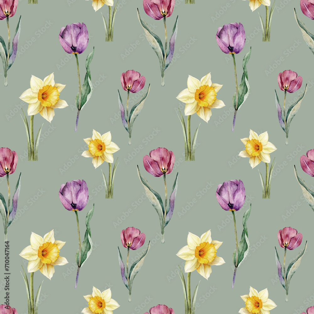 Seamless pattern with watercolor tulips and daffodils on a green background.
