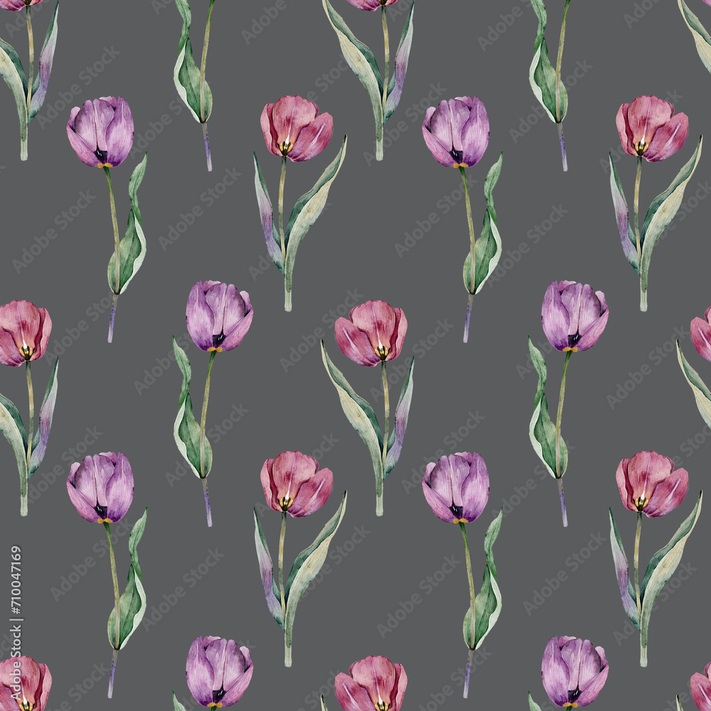 Fototapeta premium Seamless pattern with watercolor pink tulips on a gray background.