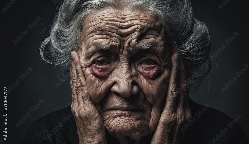 Portrait of sad very old woman grandmother , close-up senior woman , portrait of sad senior woman