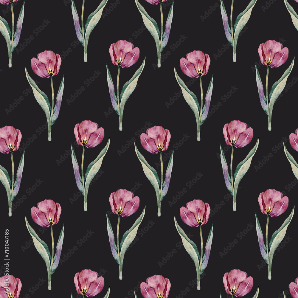 Seamless pattern with watercolor pink tulips on a black background. Seamless pattern with watercolor pink tulips on a black background.