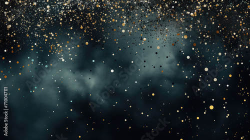 Black festive texture with golden glitter on misty background. Confetti falling from the night sky in the darkness. Dark and masculine holiday abstract with a dramatic touch. Copy space. photo