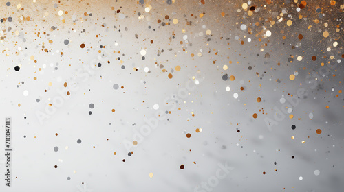 Colorful confetti and golden glitter on soft, neutral, gray background. Minimalist festive texture. Simple, modern holiday abstract. Confetti falling from cloudy sky. Copy space.