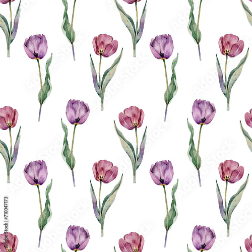 Seamless pattern with watercolor pink tulips