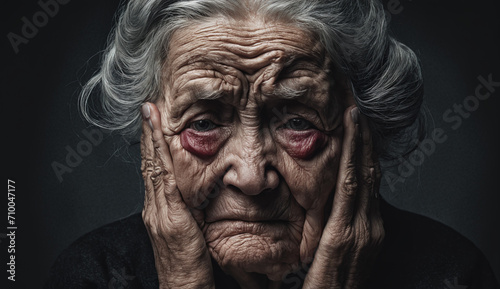 Portrait of sad very old woman grandmother , close-up senior woman , portrait of sad senior woman