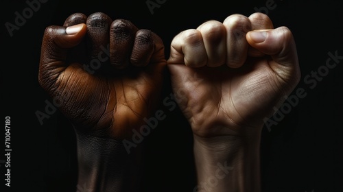 Multiracial people fist up, Fist view, Black background. Generative AI.