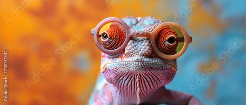  Funny chameleon wearing sunglasses in studio with a colorful and bright background  right side of the composition