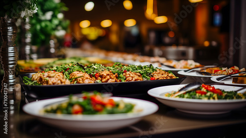 Un buffet avec divers plats d'un traiteur cuisinés durant un mariage.  photo