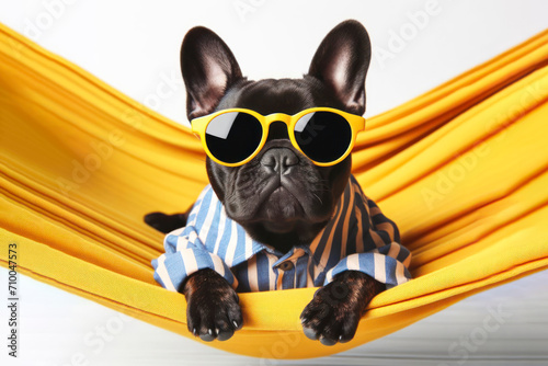 adorable French bulldog in sunglasses and shirt lies on yellow fabric hammock on solid white background. ai generative © Igor