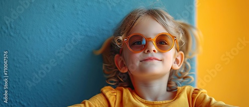Child wearing sunglasses on a bright colorful background, focus on the eyes.