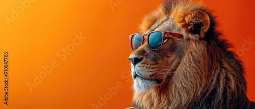  Funny lion wearing sunglasses in studio with a colorful and bright background, right side of the composition © andrenascimento