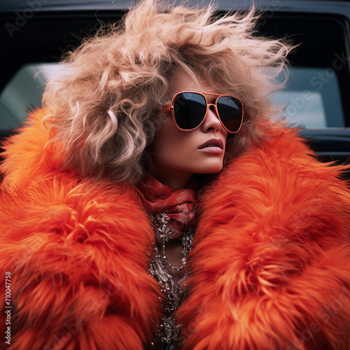 Fashion Show, beautiful woman wearing fake-fur coats. Extraordinary, exceptional, curious design.