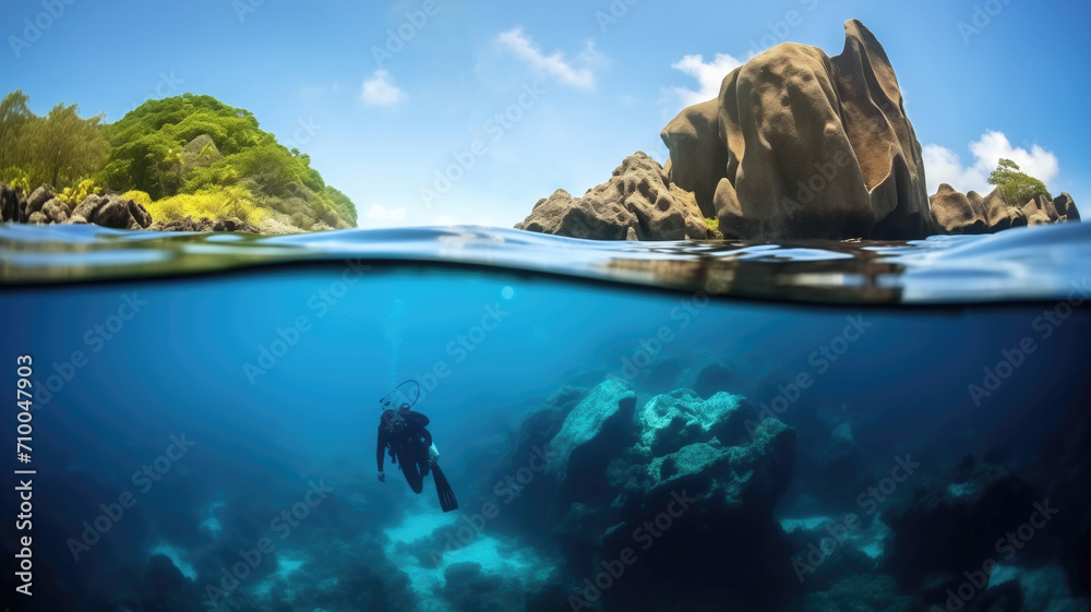 Underwater world with carals, reefs and algae. Camera immersion, boundary of water and land, horizon. Divers with scuba gear explore the seabed. Tourism, hobbies, recreation.