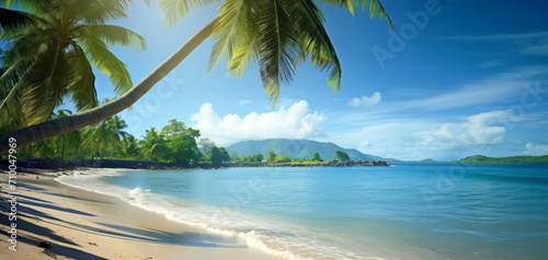 View of a beautiful tropical beach with sand and palm trees. Bright sun, island. Tourism, hobbies, recreation, travel, surfing. Background for advertising, sale of tour packages.