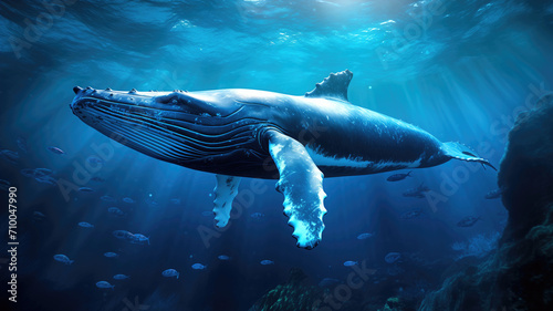 Underwater world with carals, reefs and algae. Immersion of the chamber, thickness of the water space. A huge beautiful rare whale in motion. Marine life and fauna.