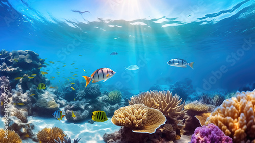 Underwater world with carals, reefs, algae and exotic fish. Direct rays of the sun under transparent water, flickering glare and reflections on the ocean floor. Diving, tourism, hobbies, recreation. © Denflow