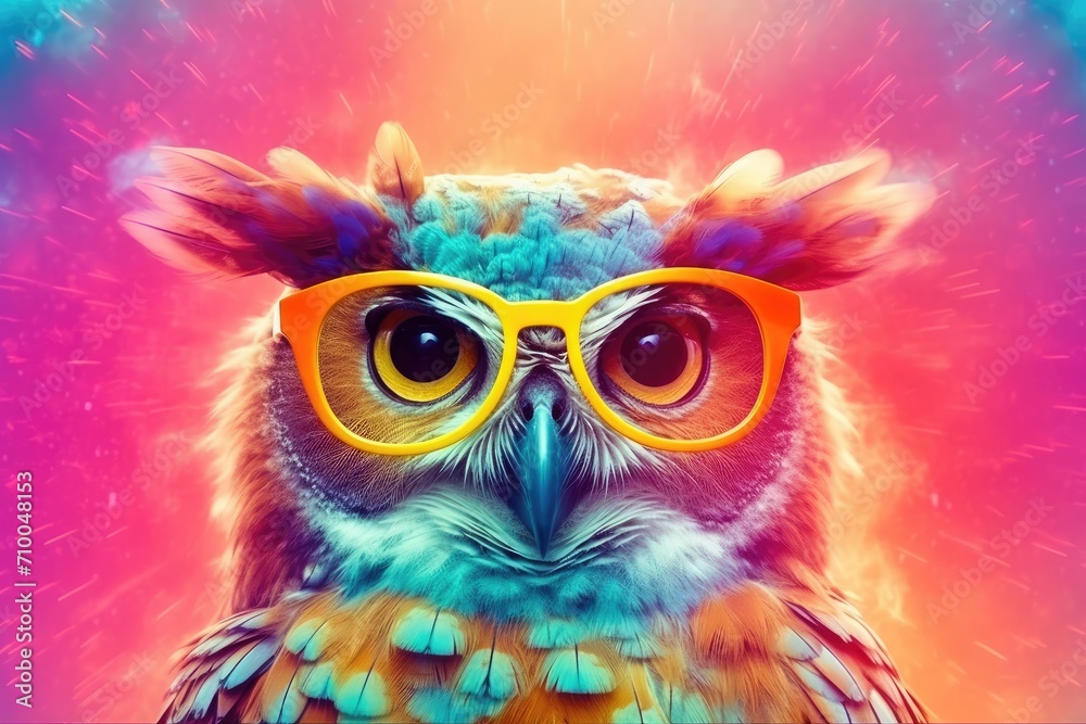 Naklejka premium Funny owl wearing sunglasses in studio with a colorful and bright background, right side of the composition