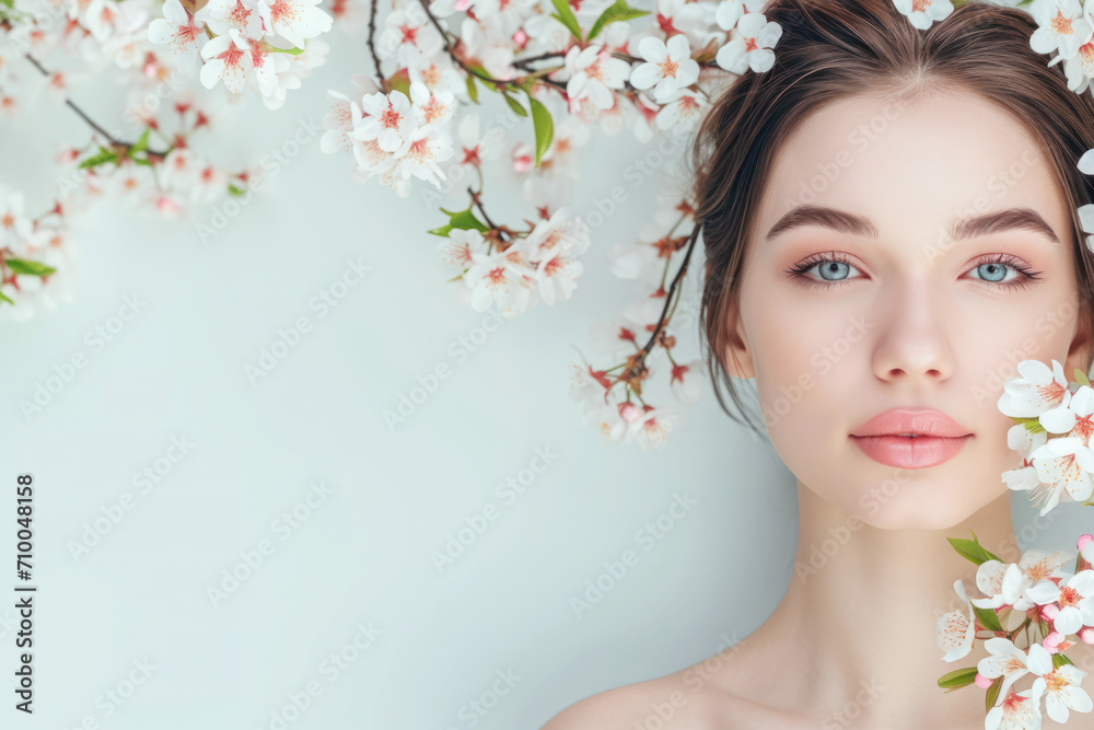 Beautiful young woman with spring flower tree branches. Spring, International Women's Day concept.