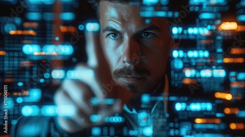 Corporate man examining data on futuristic hologram, Using a finger, Front view, With numbers written on the display. Generative AI.