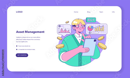 Mutual fund web banner or landing page. Investment fund, asset portfolio invested in stocks. Character investing money with the prospect of profit. Modern investment vehicle. Flat vector illustration
