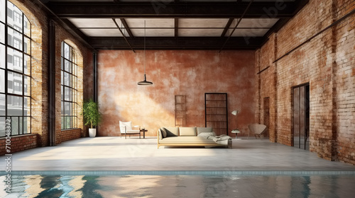 Bright interior of a spacious loft with brick walls, large window, and a swimming pool inside the room. Unusual luxury apartment. Strange and beautiful contemporary architecture.