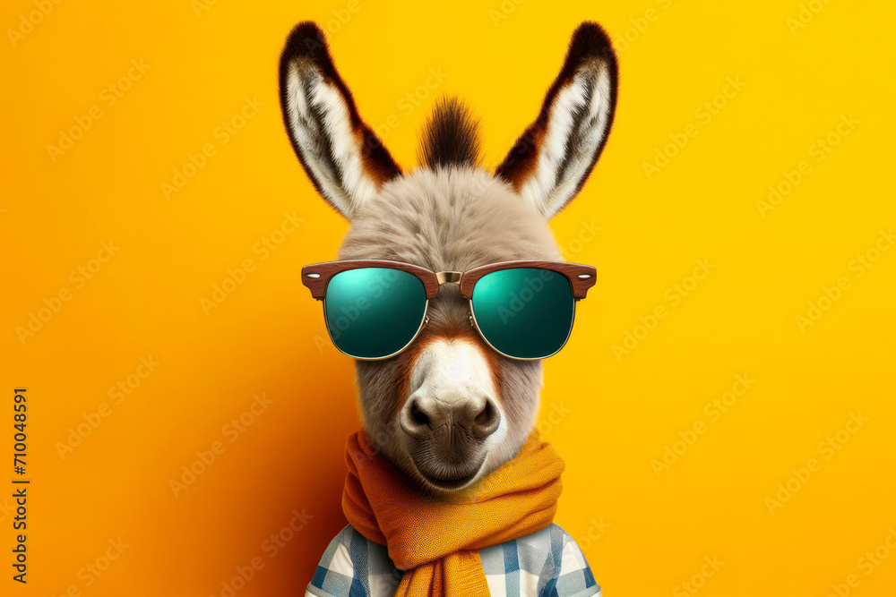 Cute stylish funny donkey wear sunglasses on solid yellow bright background. ai generative - obrazy, fototapety, plakaty 