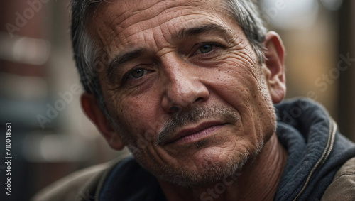 Close-up of the face of a man on his 60s, looking at camera with a hint of a smile. His face shows the wrinkles of a hard life of work. Retirement, senescence concepts.