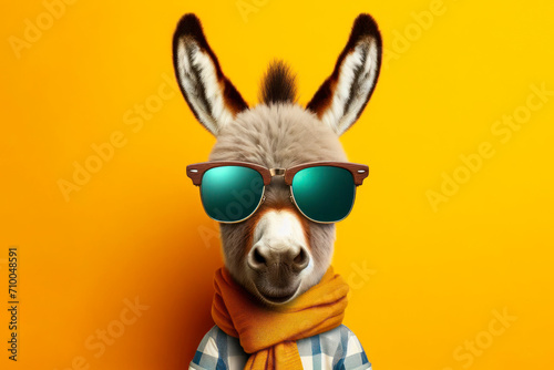 Cute stylish funny donkey wear sunglasses on solid yellow bright background. ai generative photo