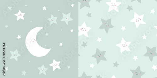 Cute moon card and seamless pattern. Background for kids with moon and stars. Vector illustration. It can be used for wallpapers, wrapping, cards, patterns for clothes and other.