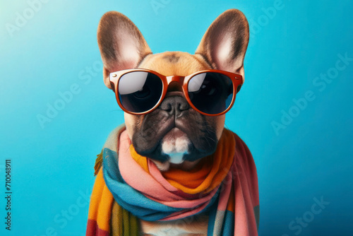 Cute stylish funny French bulldog wear sunglasses on solid blue bright background. ai generative © Igor