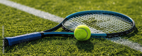 Tennis racket and ball on Wimbledon grass court